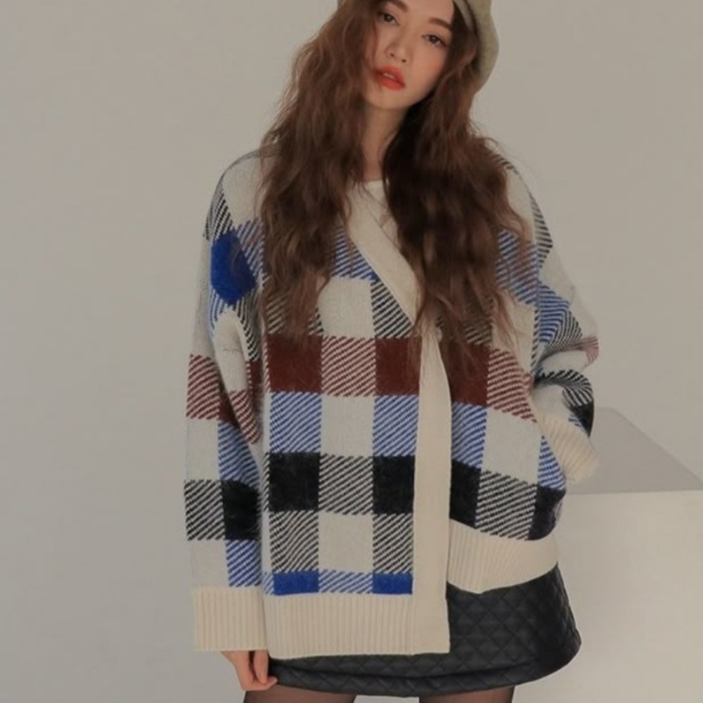 Janice Apparel Plaid Cardigan‎ Open Front Knit Sweater Cozy Oversized XL